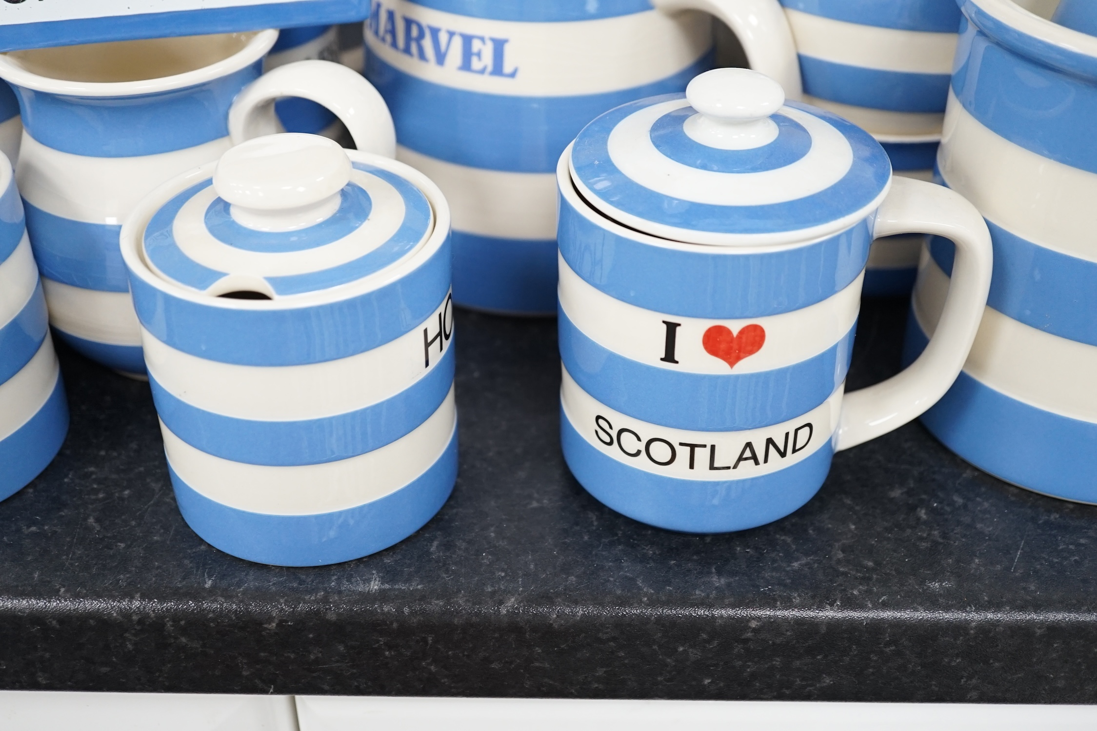 A quantity of modern T.G.Green Cornish Kitchenware, to include lidded storage jars, preserve jars and covers, cups, bowls and jugs, approximately fifty pieces. Condition - fair to good